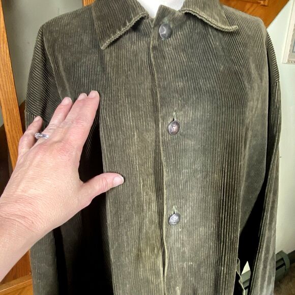 FLAX by Jeanne Engelhart Sz M Green Wide Whale Corduroy Chore Utility Coat Barn - Picture 2 of 11